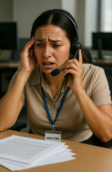 New hire woman who is stressed working at a call center.