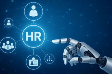 AI for HR Solutions. An AI robot pointing to HR graphics referring to the increased collaboration between HR and AI.